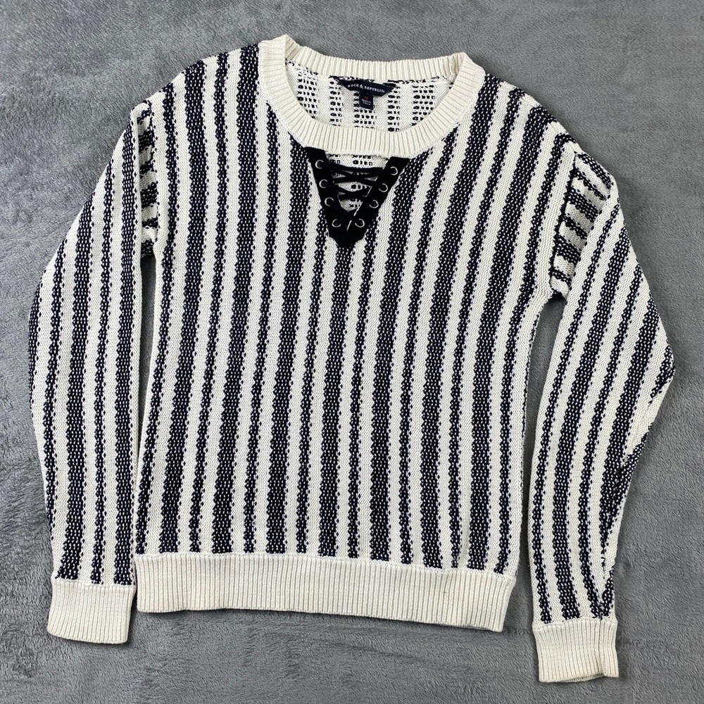 Rock & Republic Sweater Women M Cream Striped Lace Up Grommet Knit  Grunge Indie